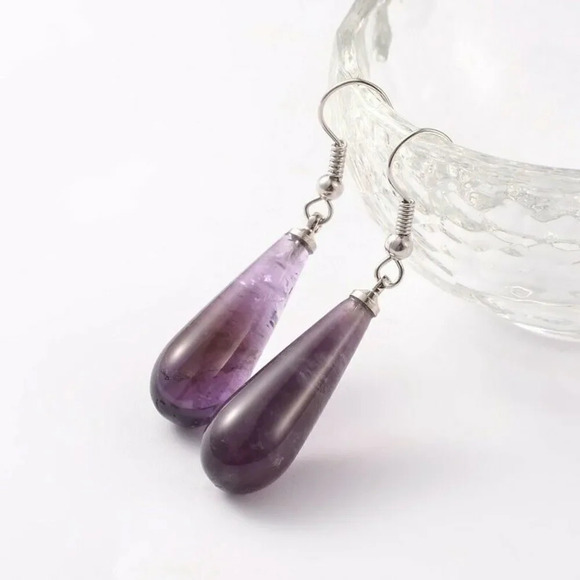 Handcrafted Minimalist Teardrop Amethyst Natural Gemstone Pendant Earrings - Picture 1 of 1